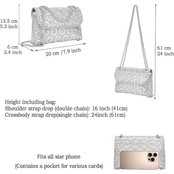 🆕Women's Sliver Crossbody Purses Crystal Bag Clutch Purse with Chain Handbags - Picture 4 of 6